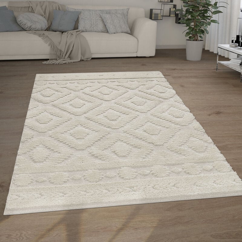 Paco Home - Tapis Poils Longs Tapis Salon Shaggy Aspect 3D Ethnique Boho Look Vintage Doux 60x100 cm, Crème 8