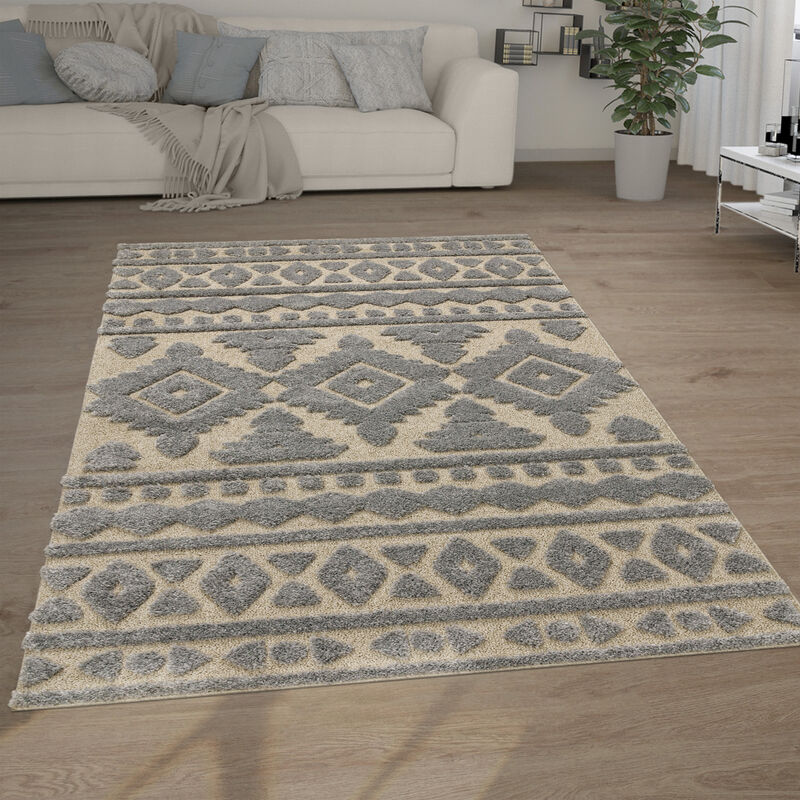 Tapis Poils Longs Tapis Salon Shaggy Aspect 3D Ethnique Boho Look Vintage Doux 120x160 cm, Gris 3 - Paco Home