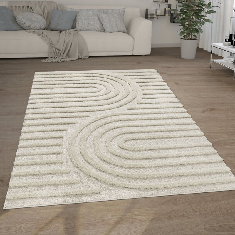 Tapis Poils Longs Tapis Salon Shaggy Aspect 3D Ethnique Boho Look Vintage Doux 200x280 cm, Crème 7 - Paco Home