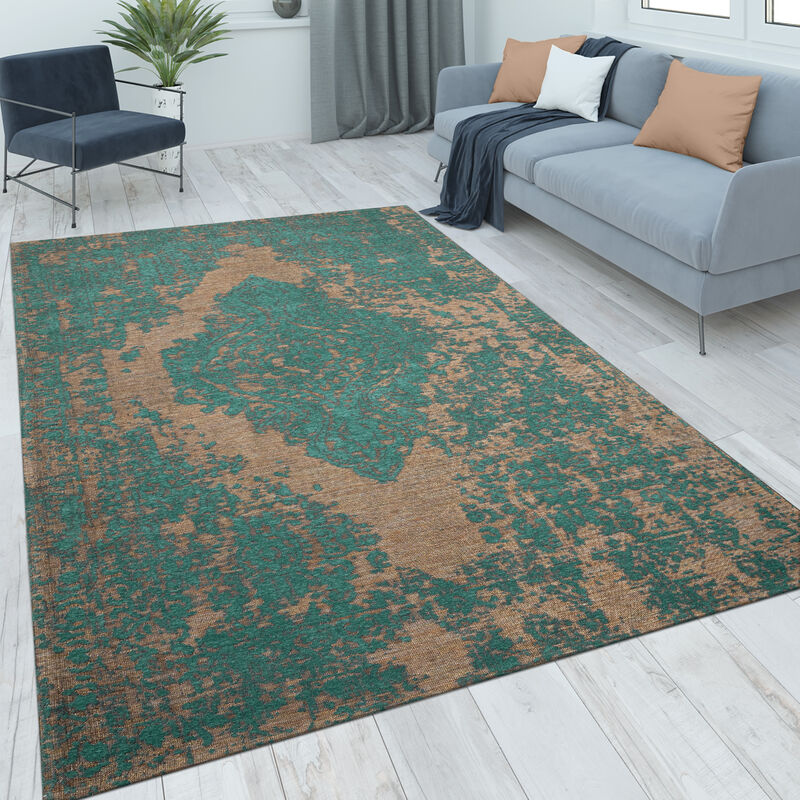 Tapis Salon Chambre Adulte Poils Ras Vintage Motif Oriental Ornements 80x150 cm, Turquoise 2 - Paco Home