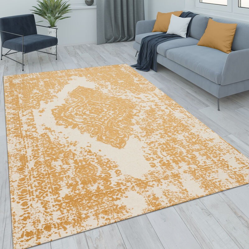 Tapis Salon Chambre Adulte Poils Ras Vintage Motif Oriental Ornements 200x290 cm, Blanc-Jaune - Paco Home