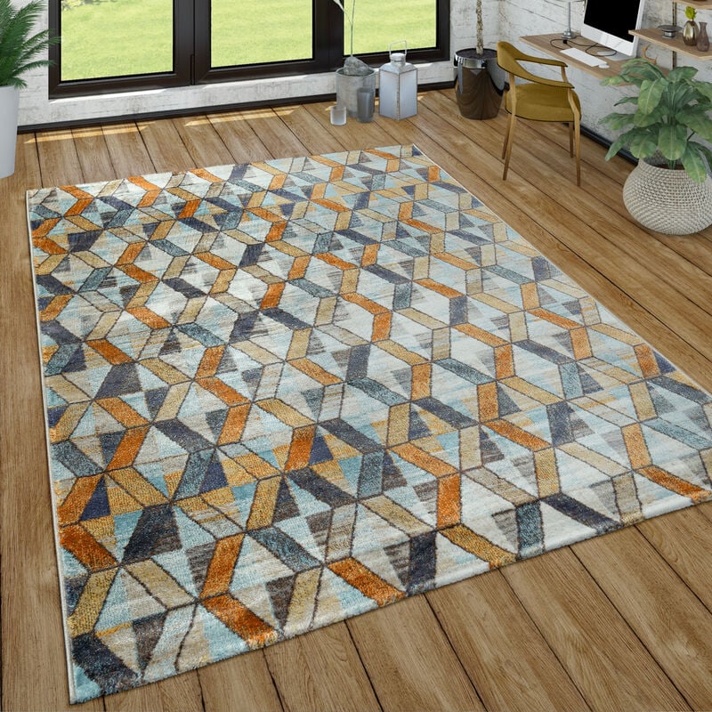 Tapis Poils Ras Salon Aspect Usé Abstrait Moderne Style Industriel Coloré 80x150 cm - Paco Home