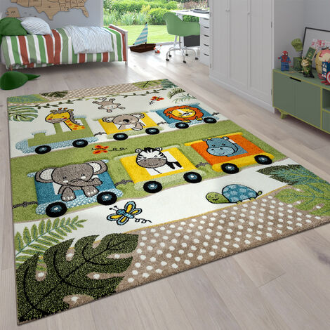 Paco Home Tapis Pour Enfant Poils Ras Chambre Enfant avec Motifs Animaux et Jungle 120 cm rond, Vert 3