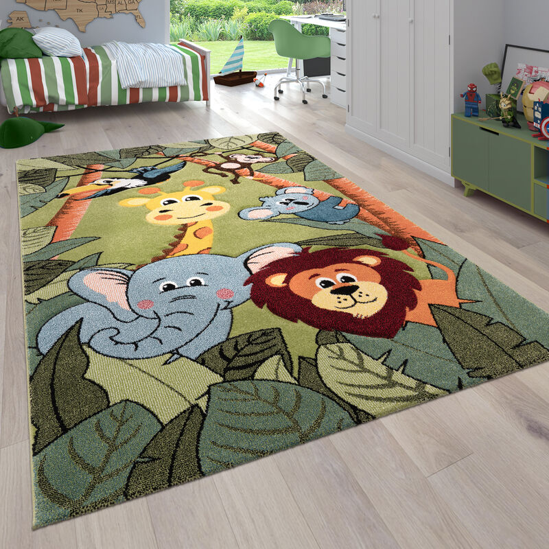 Paco Home - Tapis Pour Enfant Poils Ras Chambre Enfant avec Motifs Animaux et Jungle Vert, 120 cm rond