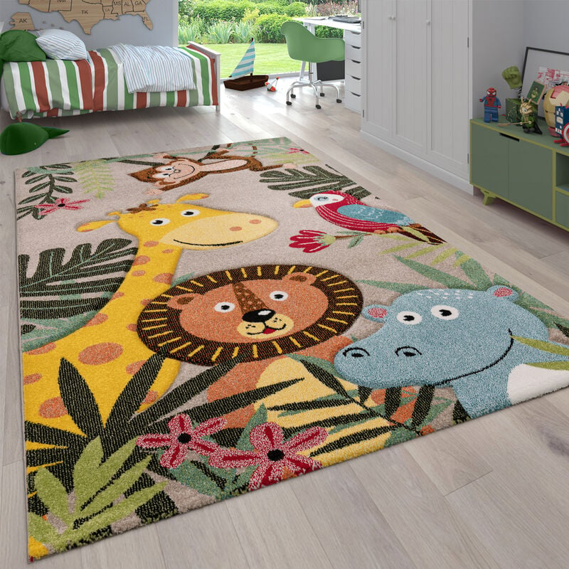 Paco Home - Tapis Pour Enfant Poils Ras Chambre Enfant avec Motifs Animaux et Jungle 80x150 cm, Beige