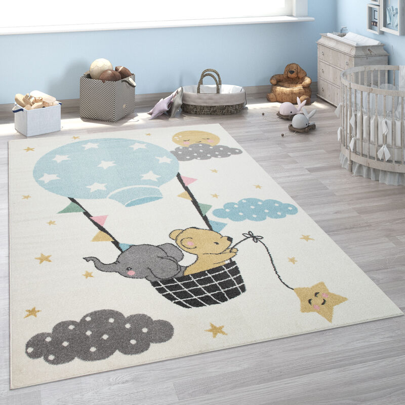 Tapis Pour Enfant, Poils Ras Pour Chambre D'Enfant, Éléphant, Ours, Montgolfière, Lune, Beige 80x150 cm - Paco Home