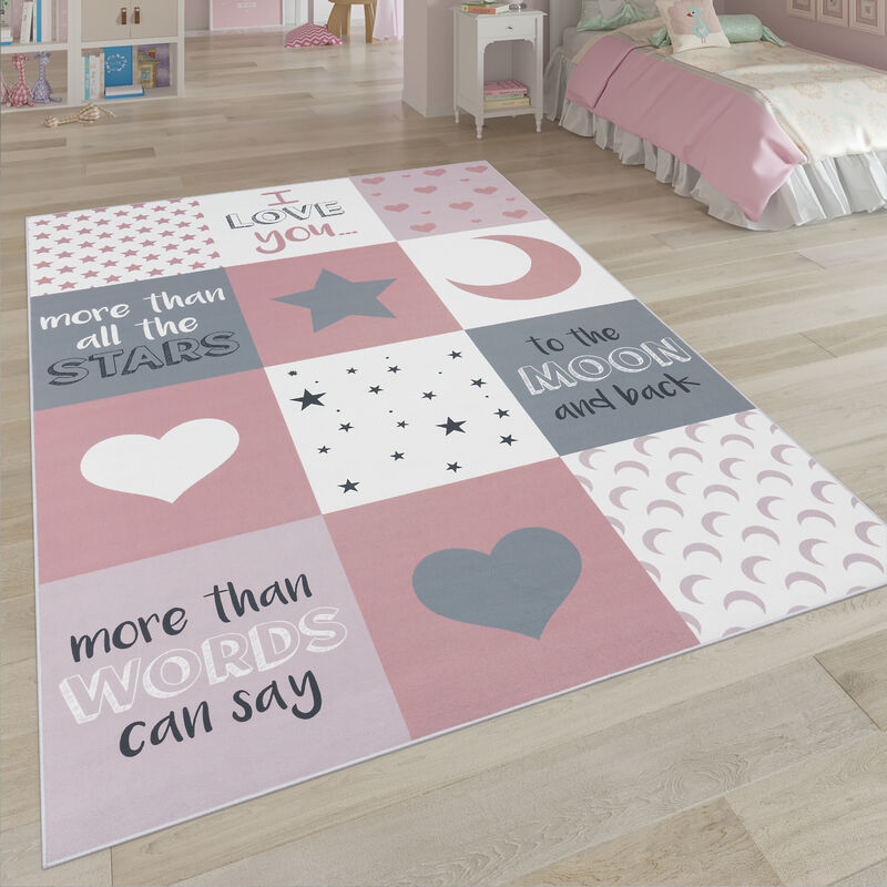 Paco Home - Tapis Pour Enfant Tapis Chambre Enfant Étoile Lune Et Carreaux 80x150 cm, Pink