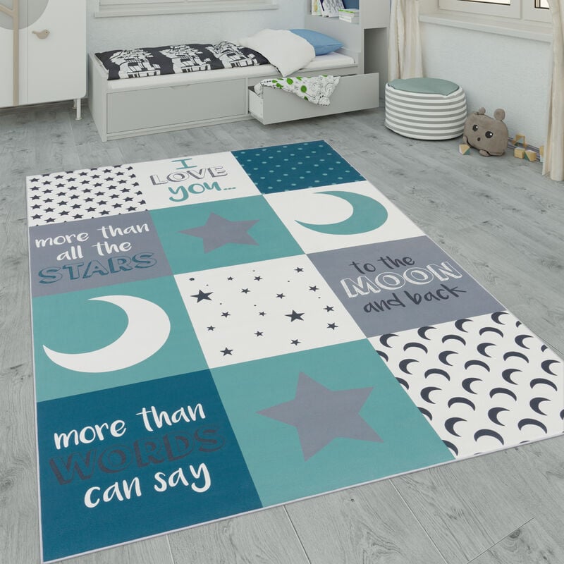 Tapis Pour Enfant Tapis Chambre Enfant Étoile Lune Et Carreaux Turquoise, 120x160 cm - Paco Home