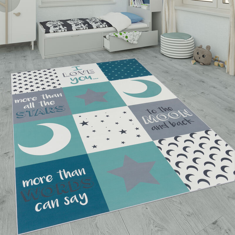 Tapis Pour Enfant Tapis Chambre Enfant Étoile Lune Et Carreaux 160x230 cm, Turquoise - Paco Home