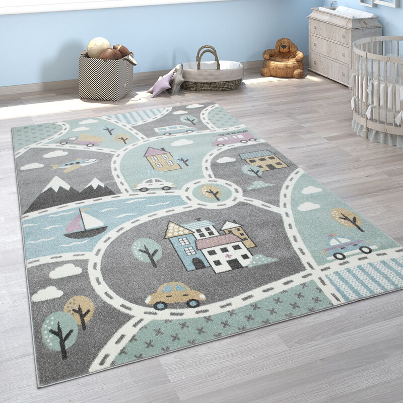 Tapis Pour Enfants, Tapis De Jeu Pour Chambre Enfant, Avec Motif Rues Vert Gris 80x150 cm - Paco Home