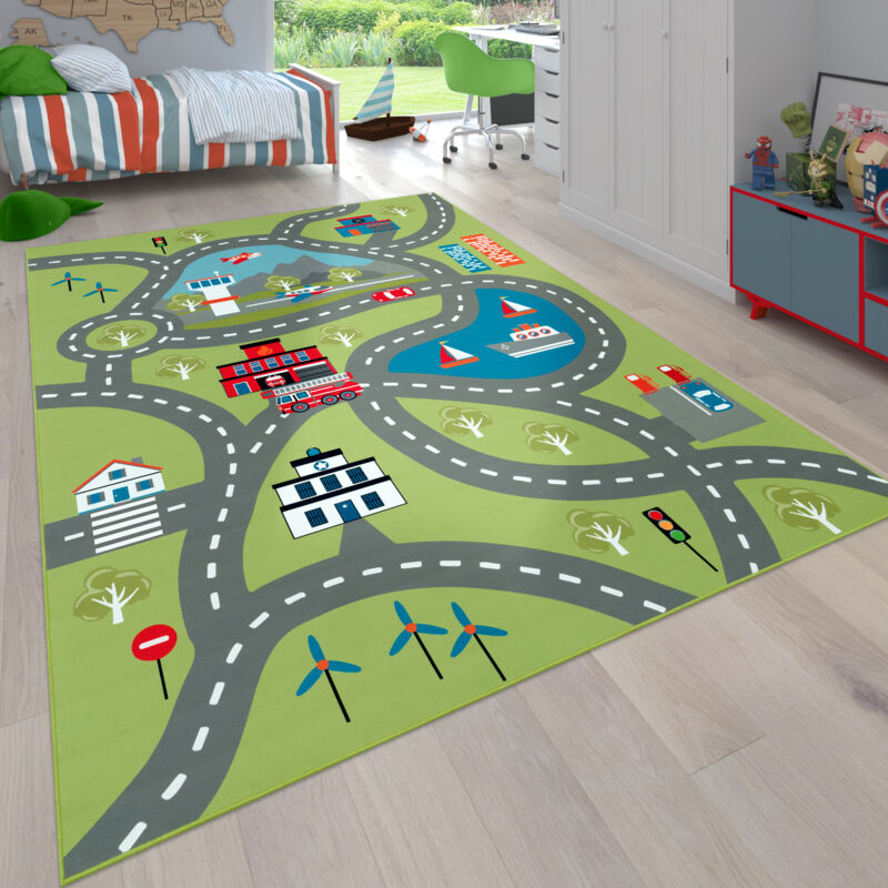 Paco Home - Tapis pour enfants, Tapis de jeu pour chambres d'enfants, Avec motif de rue, En vert 100x200 cm