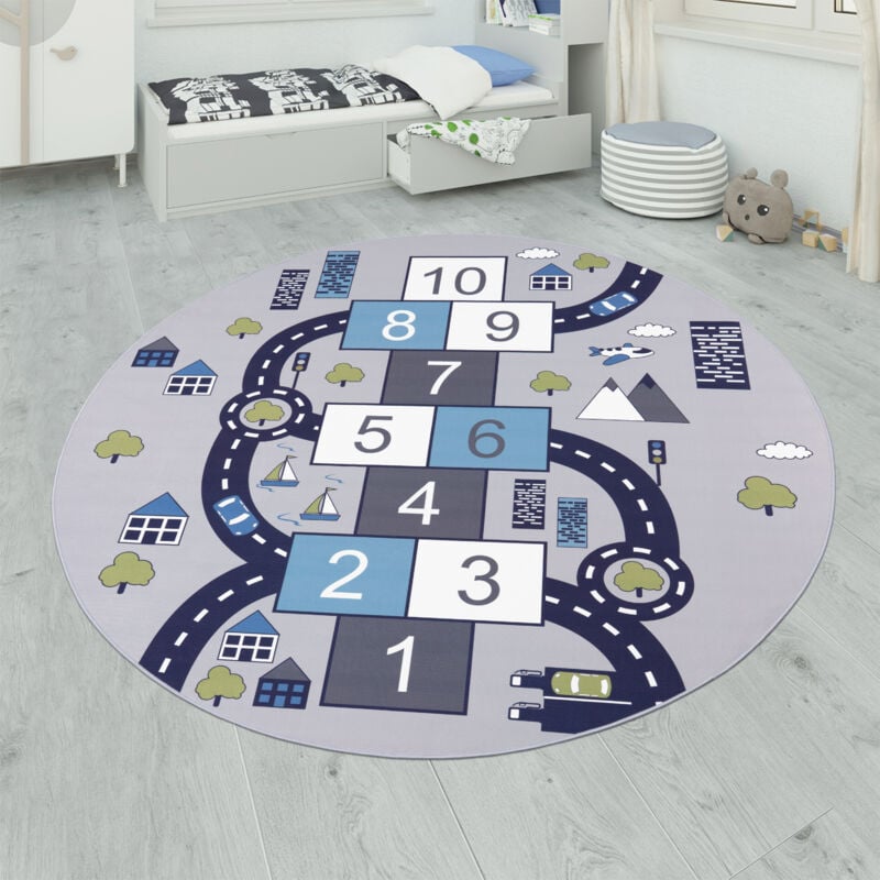 Paco Home Tapis pour enfants, Tapis de jeu pour chambres d'enfants, Boîtes gonflables et rues, Gris 160 cm rond