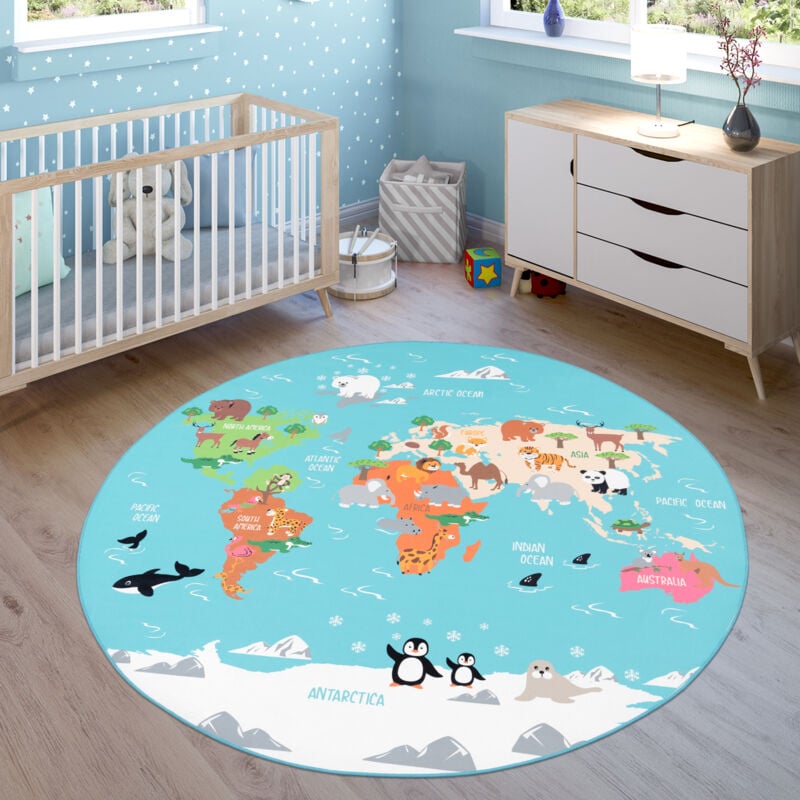 Paco Home Tapis pour enfants, Tapis de jeu pour chambres d'enfants, Carte du monde avec animaux, En vert 160 cm rond