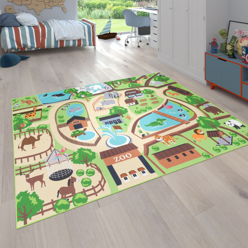 Paco Home - Tapis pour enfants, tapis de jeu pour chambres d'enfants, zoo avec tigre, ours, lion, coloré 80x150 cm