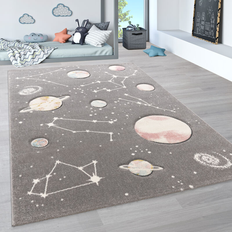 Tapis Pour Enfants, Tapis De Jeux Planètes Et Étoiles, Chambre D'Enfant Gris 133 cm carré - Paco Home