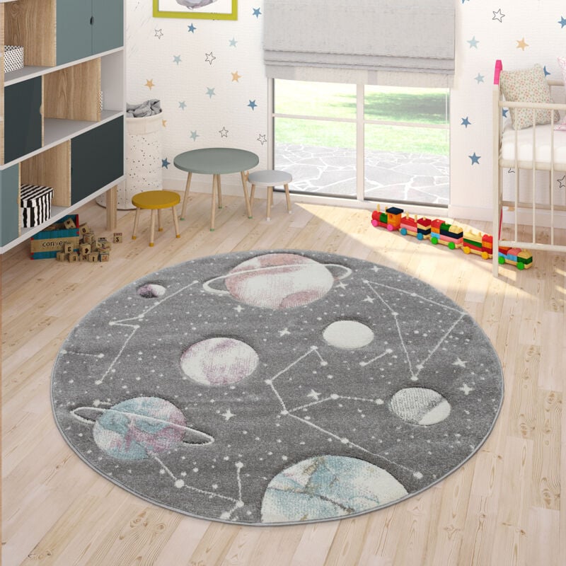 Tapis Pour Enfants, Tapis De Jeux Planètes Et Étoiles, Chambre D'Enfant Gris 120 cm rond - Paco Home