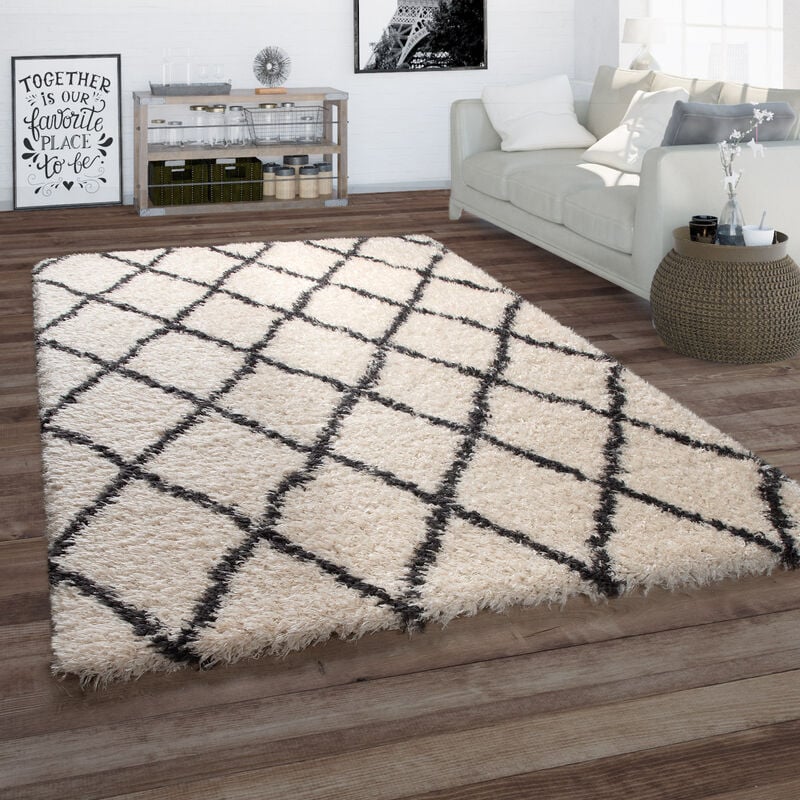 Paco Home - Tapis Pour Salon, Tapis Poils Longs Look Scandinave, Losanges, Beige 60x90 cm