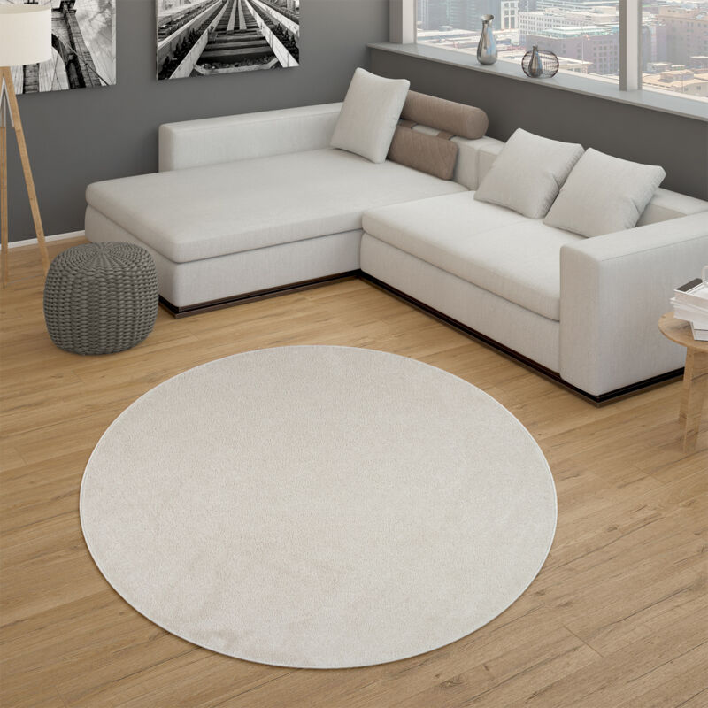 Paco Home - Tapis pour Salon Uni Poils Ras Sobre Et Moderne, Crème 200 cm rond