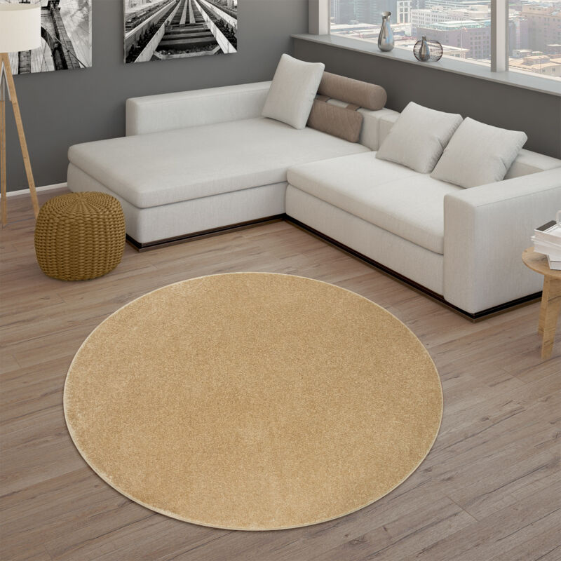 Tapis Pour Salon Uni Poils Ras Sobre Et Moderne Doré Beige 200 cm rond - Paco Home
