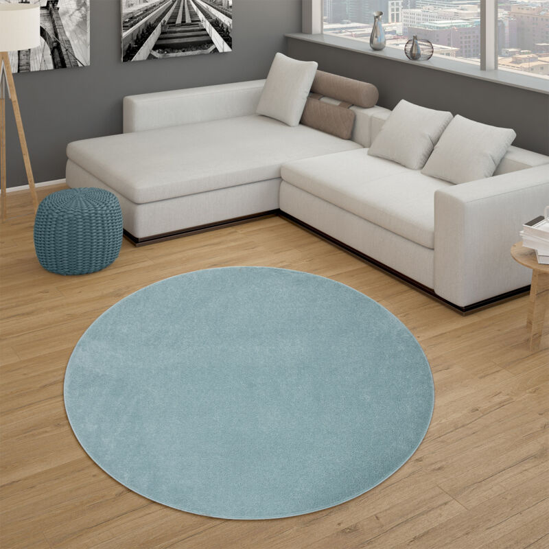 Tapis Pour Salon Uni Poils Ras Sobre Et Moderne, Turquoise 160 cm rond - Paco Home