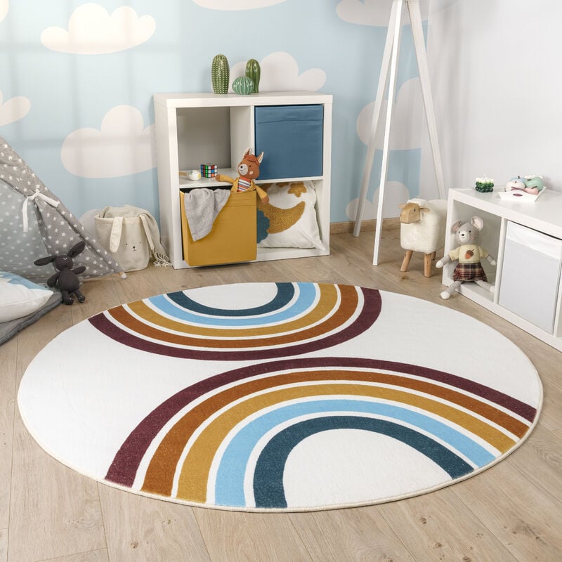 Paco Home Tapis Rond Chambre Enfant Bebe Fille Garcon Arc-en-ciel Lavable En Machine 100 cm rond, Multicolore 2