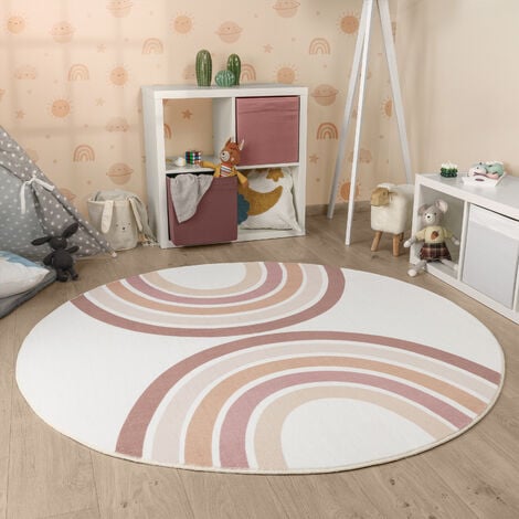 Paco Home Tapis Rond Chambre Enfant Bebe Fille Garcon Arc-en-ciel  Lavable En Machine Pink, 100 cm rond