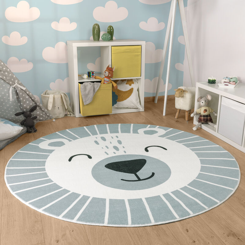 Tapis Rond Chambre Enfant Bebe Tête De Lion Tête D'ours Lavable En Machine 100 cm rond, Gris 2 - Paco Home