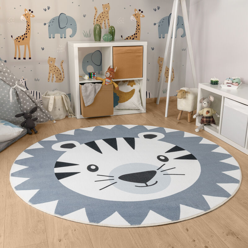 Tapis Rond Chambre Enfant Bebe Tête De Lion Tête D'ours Lavable En Machine Gris, 120 cm rond - Paco Home
