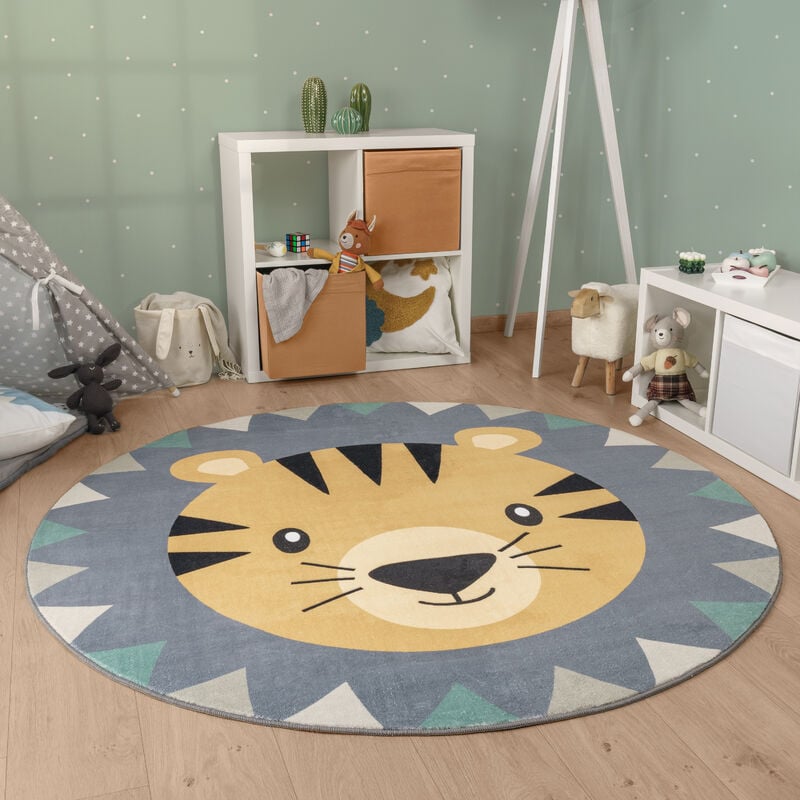 Paco Home Tapis Rond Chambre Enfant Bebe Tête De Lion Tête D'ours Lavable En Machine 120 cm rond, Multicolore