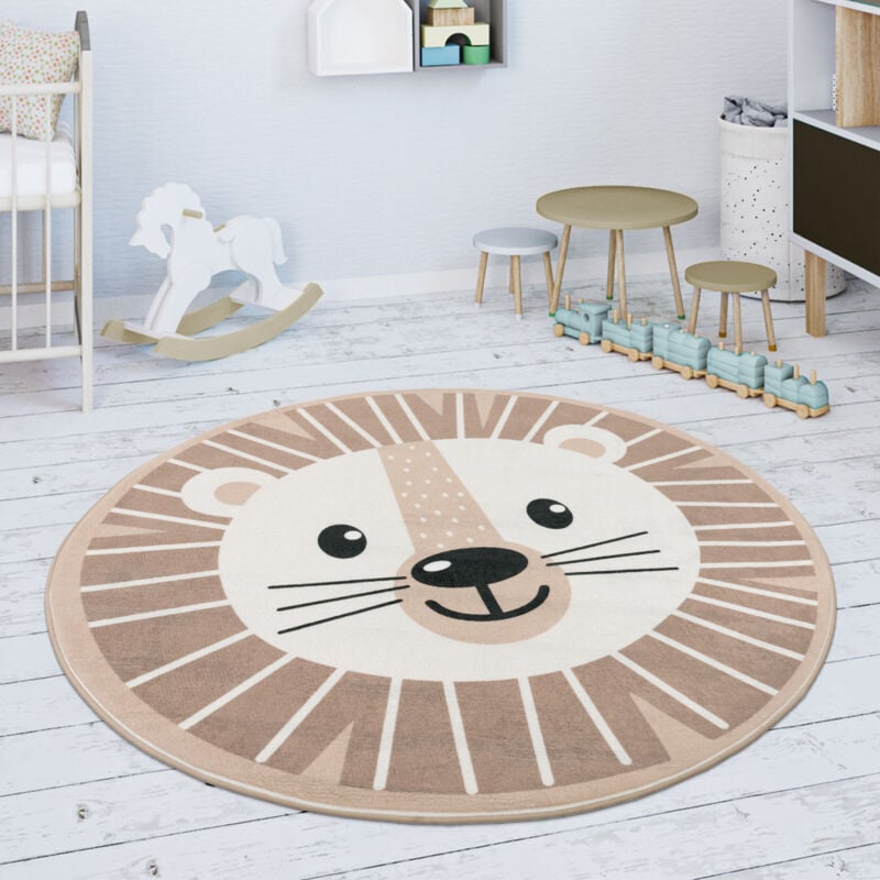 Tapis Rond Chambre Enfant Tapis De Jeux Tapis Bébé Motif Lions Beige Blanc 150 cm Rund (de) - Paco Home