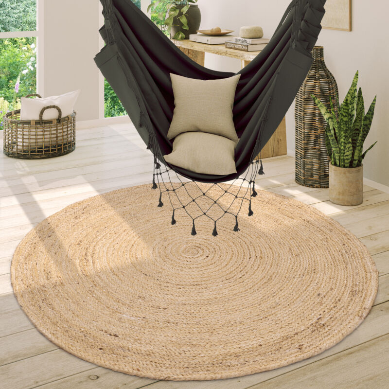 Tapis Rond Salon Jute Motif Ethnique Boho Moderne Fait Main Tapis Naturel 120 cm rond, Ivoire 2 - Paco Home