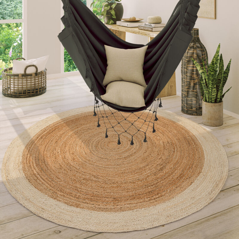 Paco Home Tapis Rond Salon Jute Motif Ethnique Boho Moderne Fait Main Tapis Naturel 160 cm rond, Ivoire