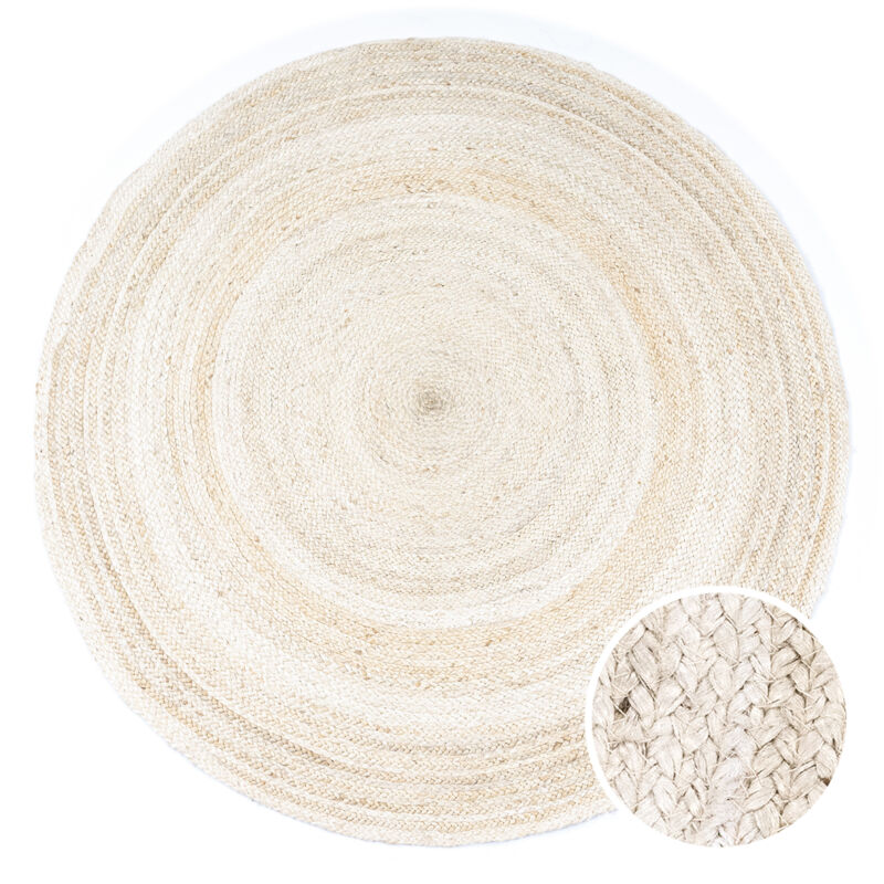Paco Home Tapis Rond Salon Jute Motif Ethnique Boho Moderne Fait Main Tapis Naturel Blanc, 80 cm rond