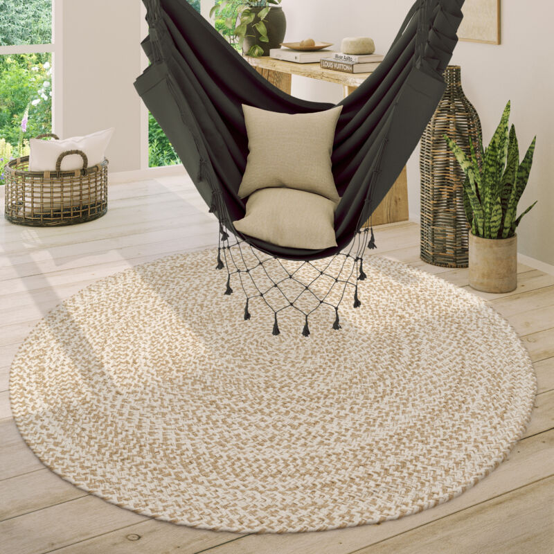 Tapis Rond Salon Jute Motif Ethnique Boho Moderne Fait Main Tapis Naturel Beige, 200 cm rond - Paco Home