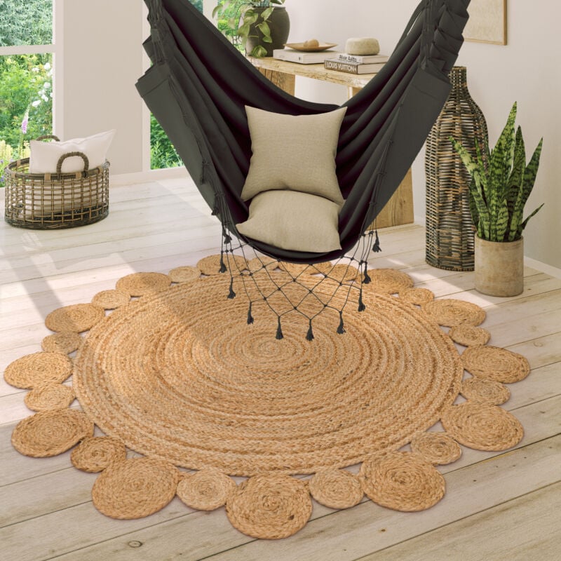 Tapis Rond Salon Jute Motif Ethnique Boho Moderne Fait Main Tapis Naturel 100 cm rond, Naturelle 2 - Paco Home