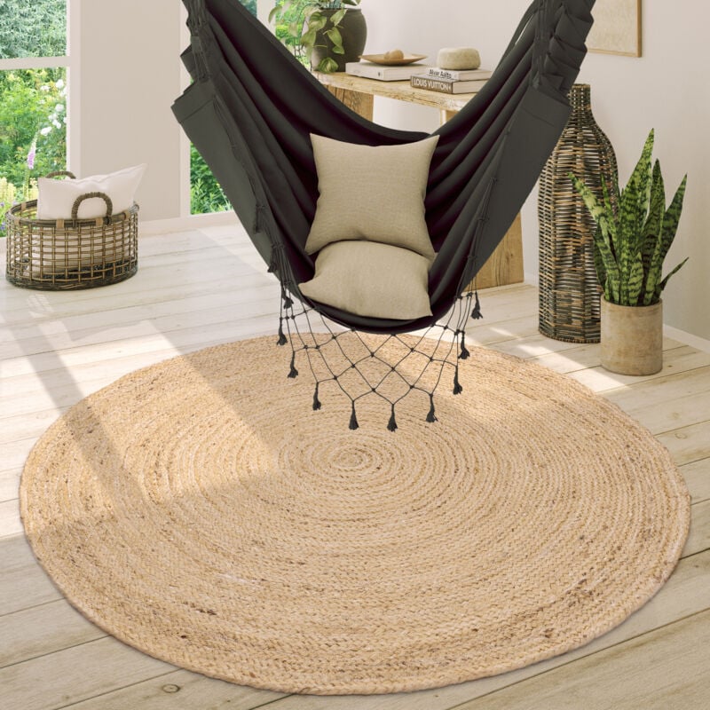 Tapis Rond Salon Jute Motif Ethnique Boho Moderne Fait Main Tapis Naturel 80 cm rond, Ivoire 2 - Paco Home