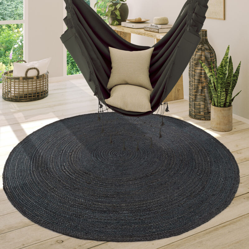 Tapis Rond Salon Jute Motif Ethnique Boho Moderne Fait Main Tapis Naturel Anthracite, 80 cm rond - Paco Home