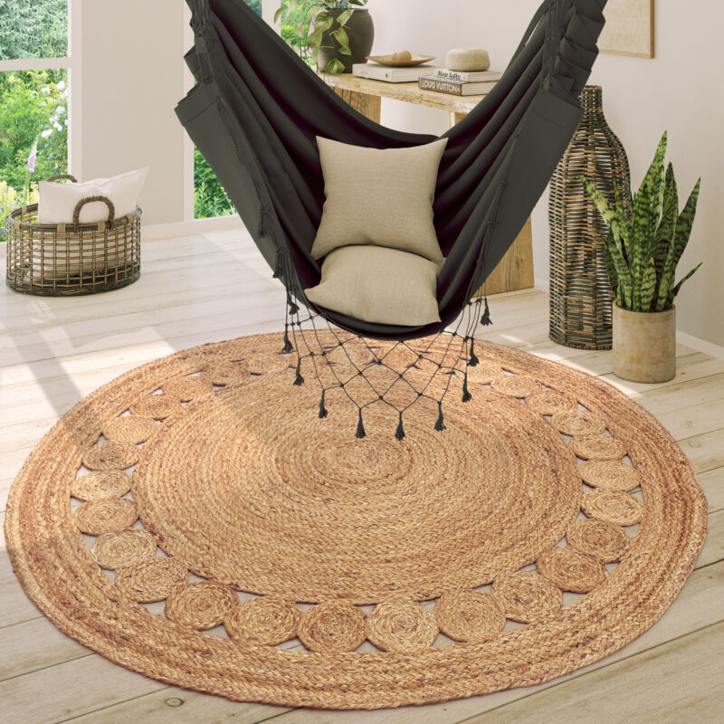 Tapis Rond Salon Jute Motif Ethnique Boho Moderne Fait Main Tapis Naturel 160 cm rond, Naturelle - Paco Home