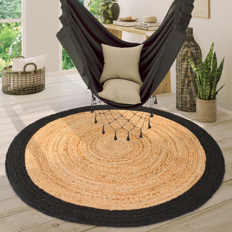 Tapis Rond Salon Jute Motif Ethnique Boho Moderne Fait Main Tapis Naturel Noir, 80 cm rond - Paco Home