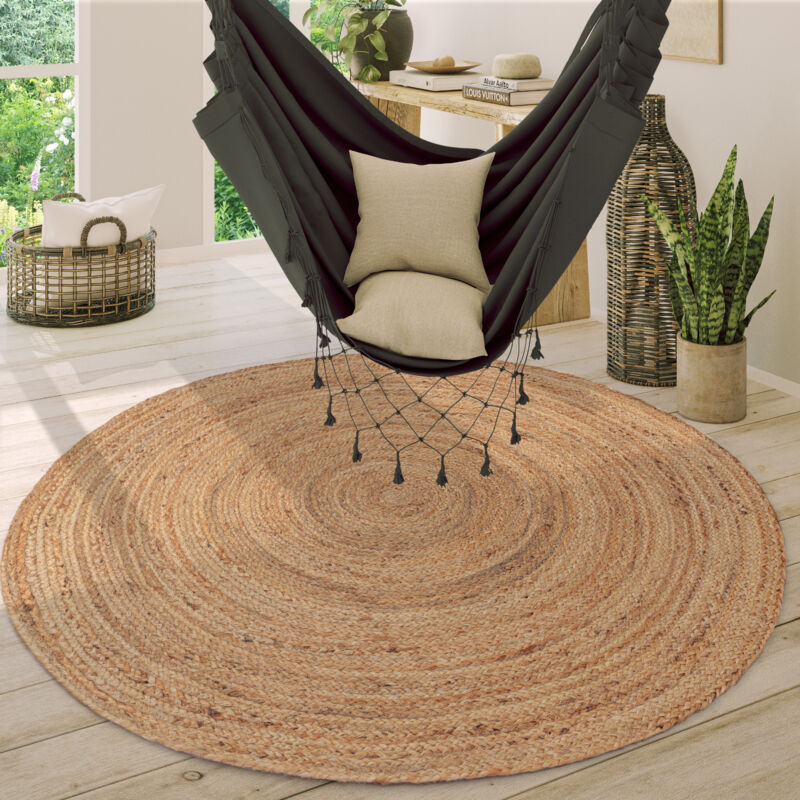 Tapis Rond Salon Jute Motif Ethnique Boho Moderne Fait Main Tapis Naturel 100 cm rond, Naturelle 3 - Paco Home