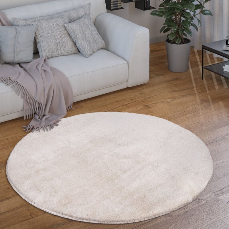 Tapis Rond Salon Tapis Poil Ras Moderne Moelleux Lavable Monochrome 120 cm rond, Crème - Paco Home
