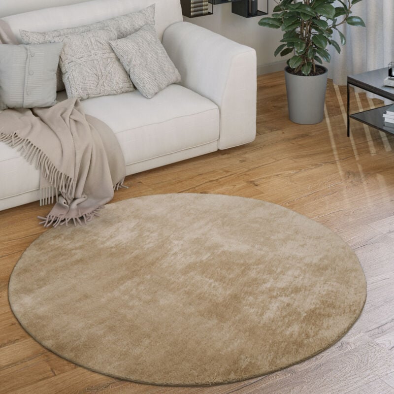 Tapis Rond Salon Tapis Poil Ras Moderne Moelleux Lavable Monochrome 200 cm rond, Beige 2 - Paco Home