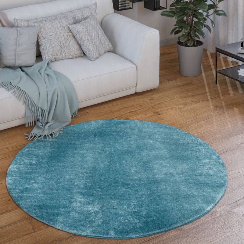 Tapis Rond Salon Tapis Poil Ras Moderne Moelleux Lavable Monochrome Turquoise, 160 cm rond - Paco Home