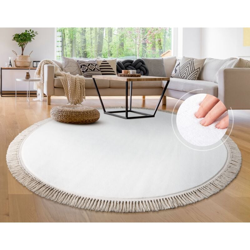 Paco Home Tapis Salon Adulte Chambre Enfants Poil Long Shaggy Antidérapant Uni Pelucheux 100 cm rond, Crème