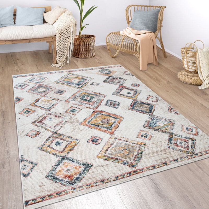 Paco Home - Tapis Salon Boho Ethnique Marocain Moderne Poils Ras Structuré Beige Coloré 80x150 cm, Multicolore 2