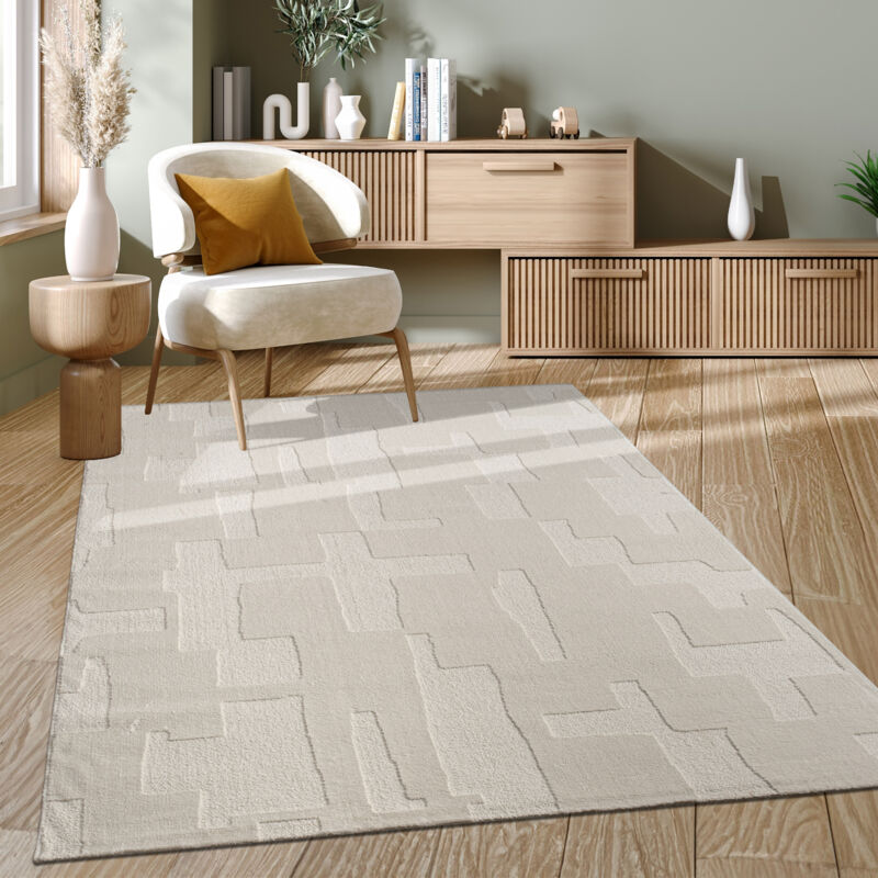Tapis Salon Chambre Adulte Poils Ras Motif Scandinave Geometrique Boho Uni 200x290 cm, Crème 2 - Paco Home