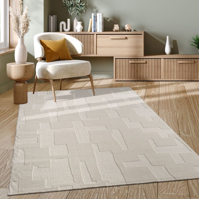 Tapis Salon Chambre Adulte Poils Ras Motif Scandinave Geometrique Boho Uni 80x150 cm, Crème 2 - Paco Home