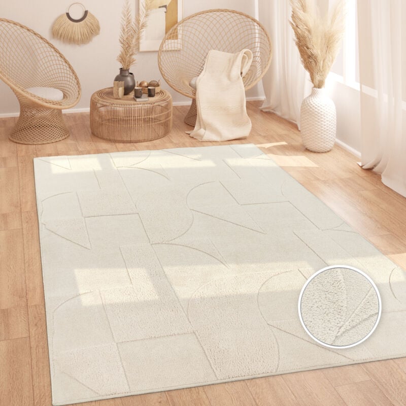 Tapis Salon Chambre Adulte Poil Long Shaggy Scandinave Boho Abstrait Crème 120x160 cm - Paco Home
