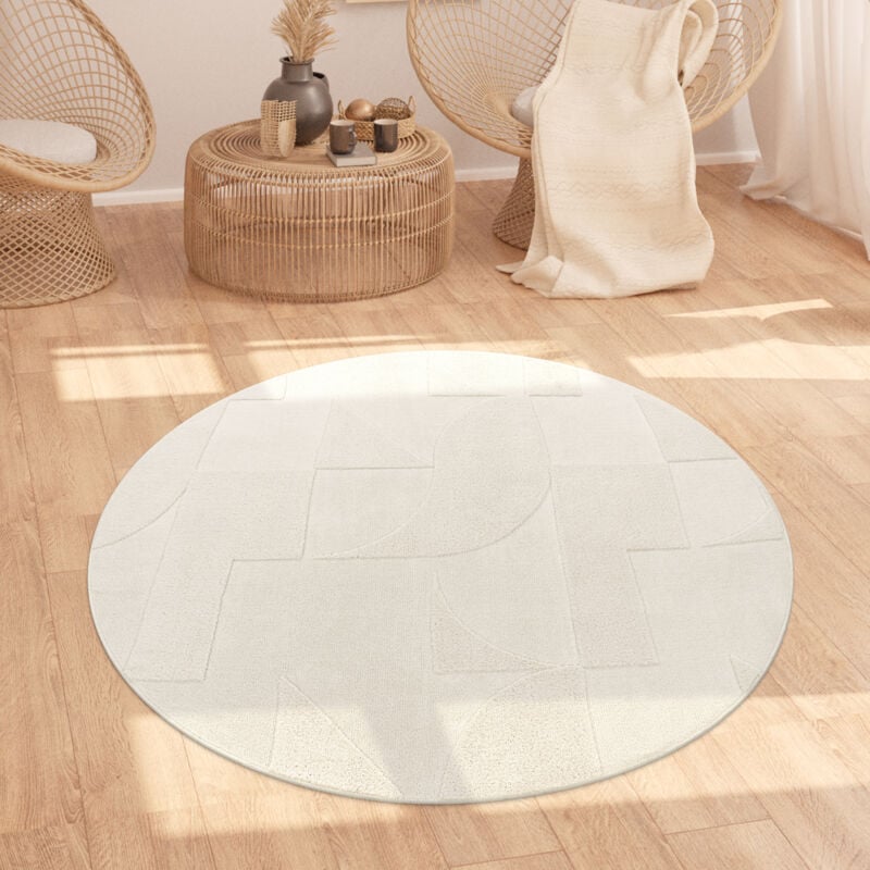 Tapis Salon Chambre Adulte Poil Long Shaggy Scandinave Boho Abstrait Crème 120 cm rond - Paco Home