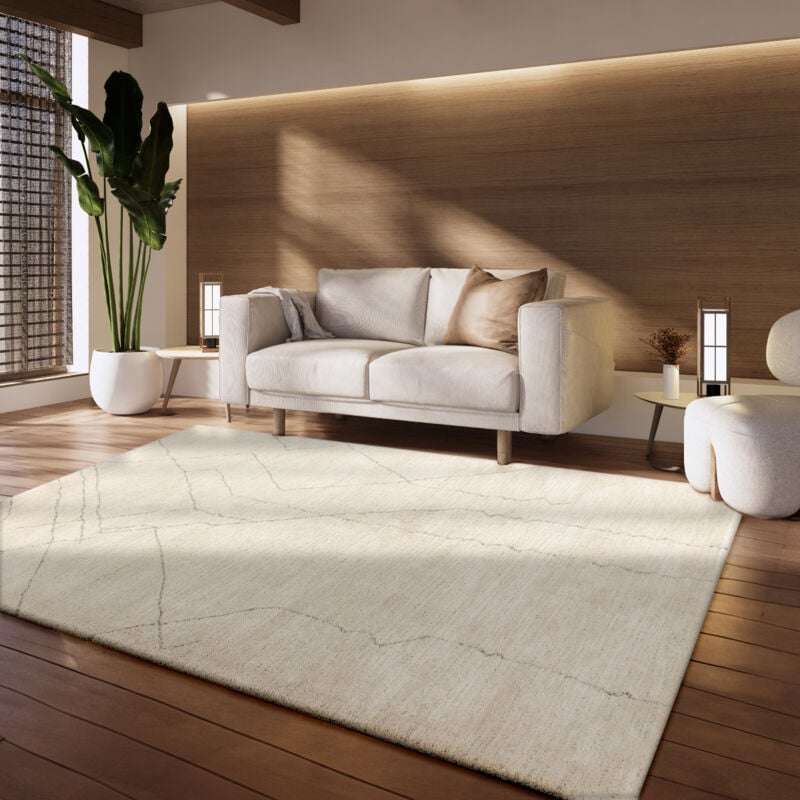 Tapis Salon Chambre Adulte Poils Ras Geometrique Scandinave Moderne 3D Crème 200x290 cm - Paco Home